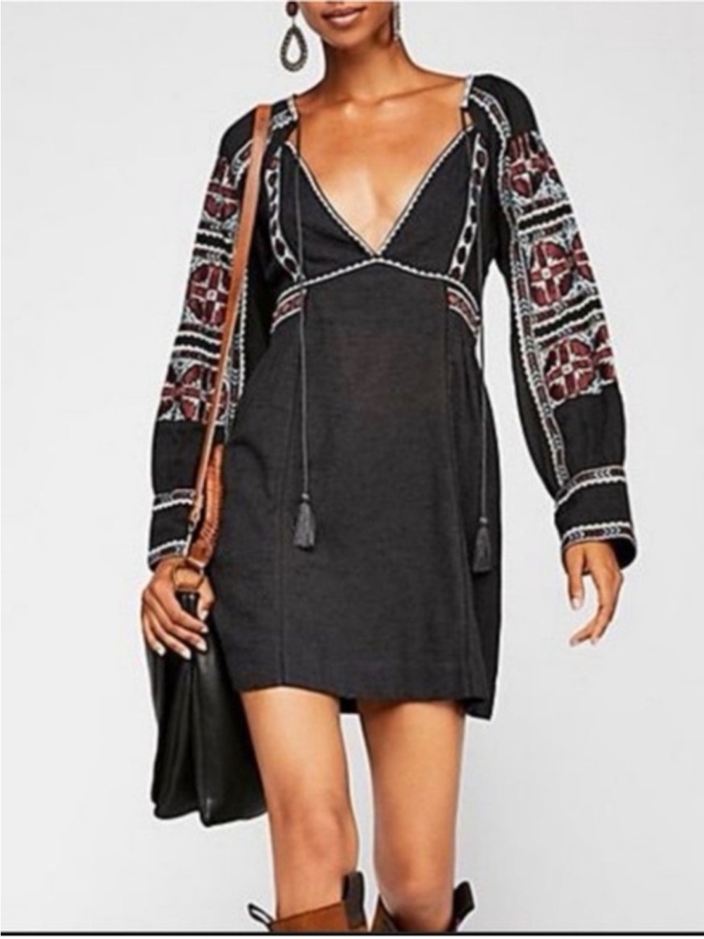 Free People Dress XS Gray All my Life Embroidered Mini Dress Boho Long Sleeve